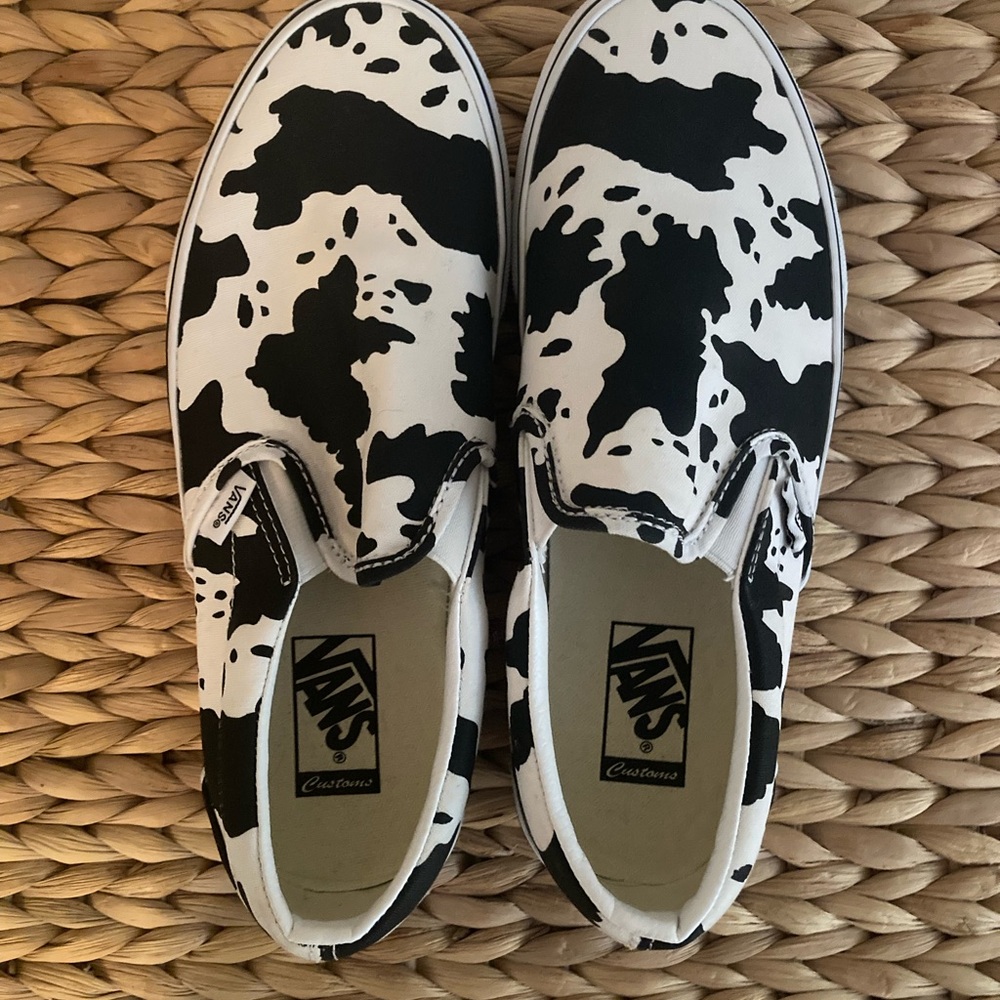 Vans Black and White Cow Print Slip-Ons